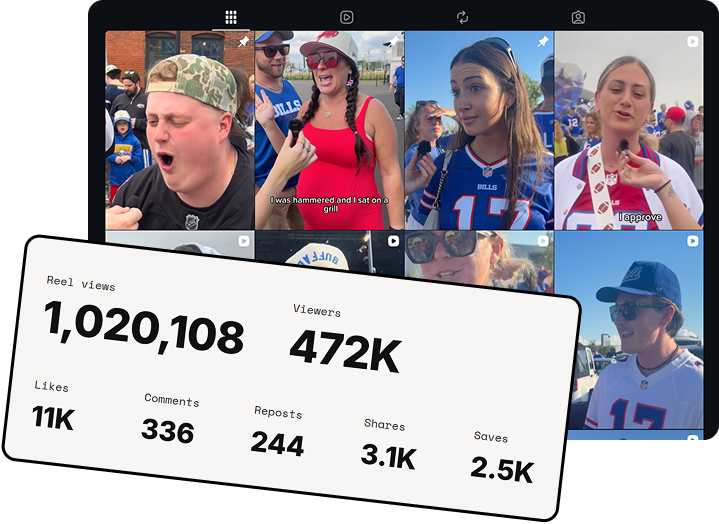 IG reels grid with 90-day stats card